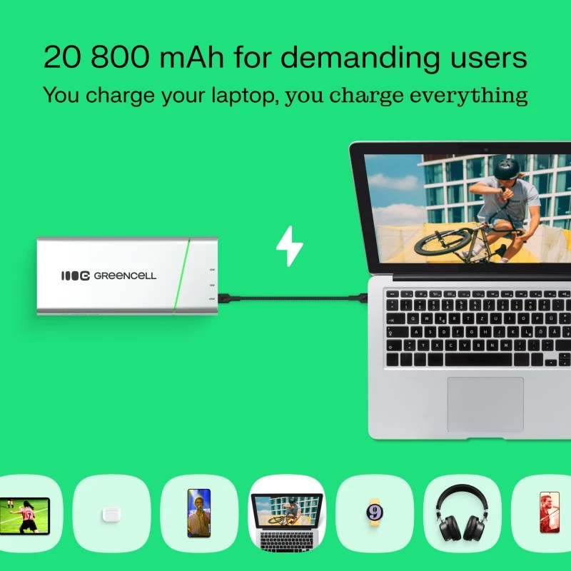 Batería portátil Green Cell BPLGC20P 20800 mAh litio-ion, USB-C PD 65W, 2x USB-C + 1x USB-A, carcasa de aluminio