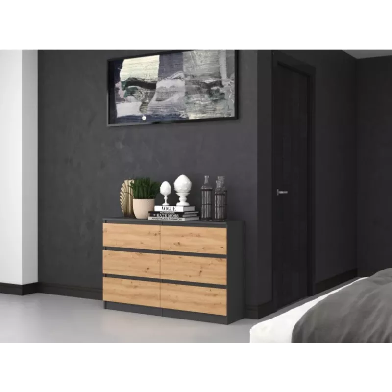 Cómoda top e shop M6 120 — antracita/roble, 6 cajones, 1200×300×770 mm, tablero de partículas