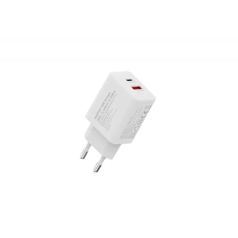 Cargador USB de pared DIGITUS 20W, 1x USB-C, 1x USB-A, entrada 100–240V, blanco