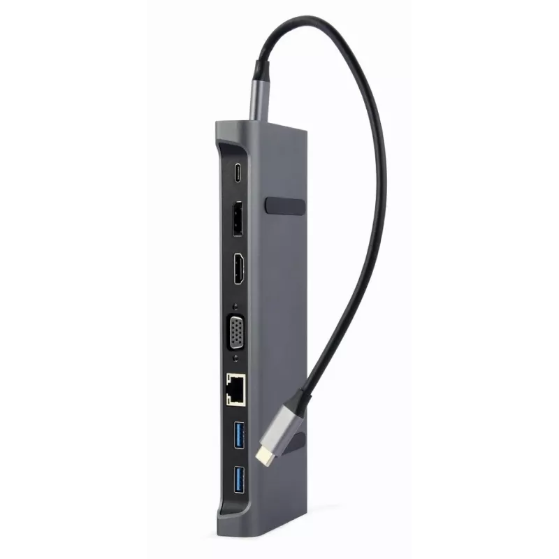 Dock para portátil Gembird A-CM-COMBO9-02 USB 3.2 Gen 1 Type-C, HDMI, VGA, 3×USB-A, Gigabit Ethernet, 87W PD, gris