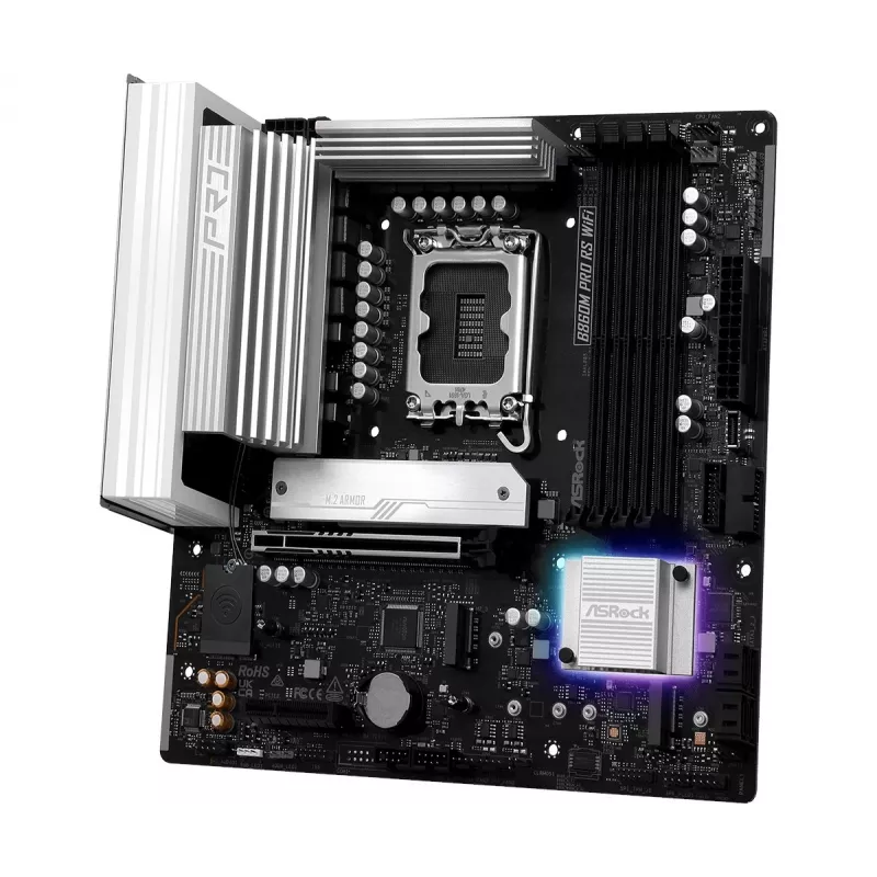 Placa base ASRock B860M Pro RS WiFi — Intel B860, LGA 1851, micro ATX, DDR5, 4 DIMM, 3x M.2, 2.5Gb LAN, Wi‑Fi, Bluetooth