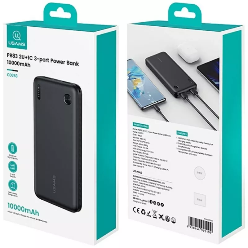 Batería externa usams PB83 10000mAh PD 2×USB-A USB-C blanca