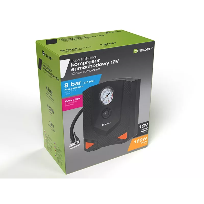 Bomba de aire portátil TRACER RES-03ML 12V 150 PSI — inflador de neumáticos de coche, alimentación 12 V
