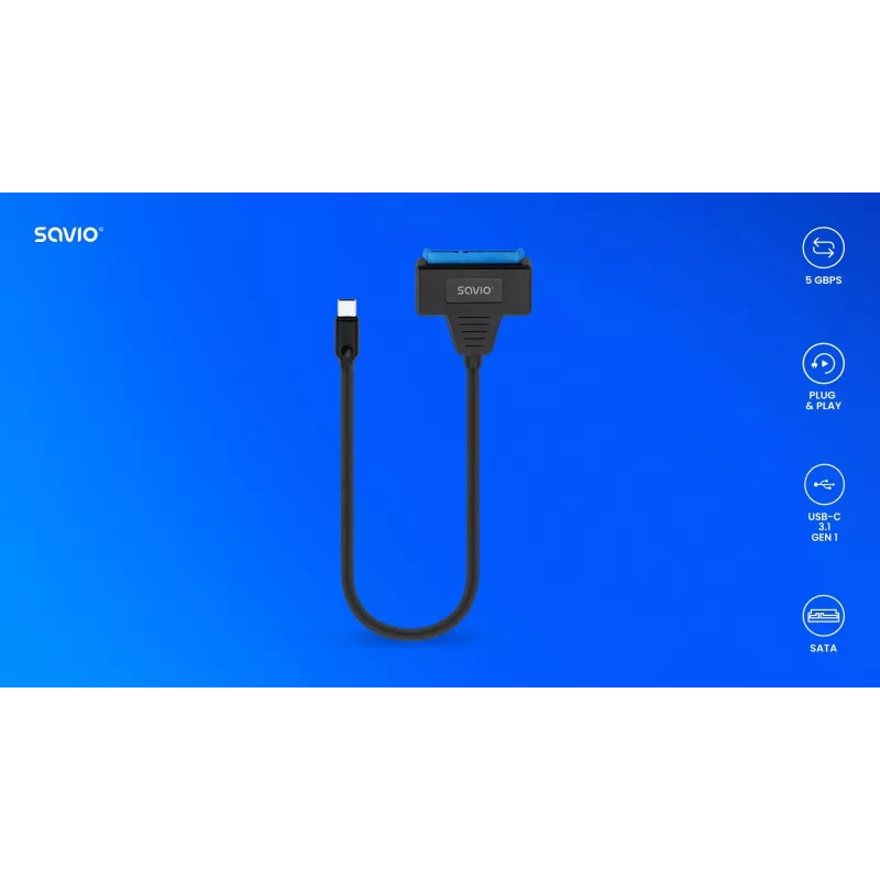 Cable de interfaz SATA a USB-C SAVIO AK-69, conector hembra SATA a conector macho USB-C, USB 3.2 Gen 1 (5 Gbit/s), 0,25 m, negro