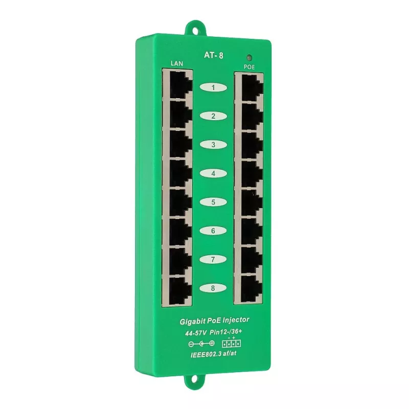 Inyector PoE Gigabit Extralink de 8 puertos activo, 8 puertos Gigabit 802.3at/af, Mode A