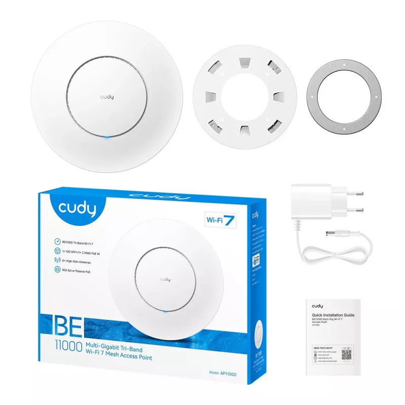 Punto de acceso WLAN Cudy AP11000 — Tri‑Band Wi‑Fi 6 (2,4/5/6 GHz), 5760 Mbit/s, MU‑MIMO, montaje en techo/pared