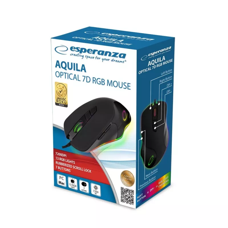 Ratón gaming óptico con cable Esperanza EM132 Aquila, 7200 DPI, 7 botones, RGB, para diestros, USB