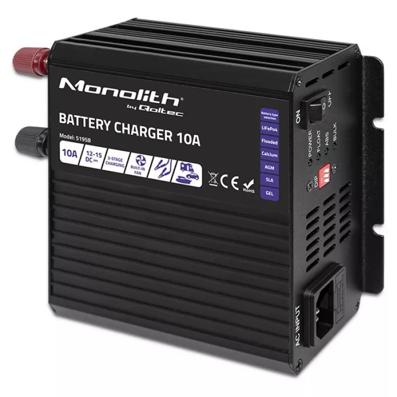 Cargador de baterías Qoltec Smart Monolith para baterías LiFePO4 AGM GEL SLA | 10A | 12V