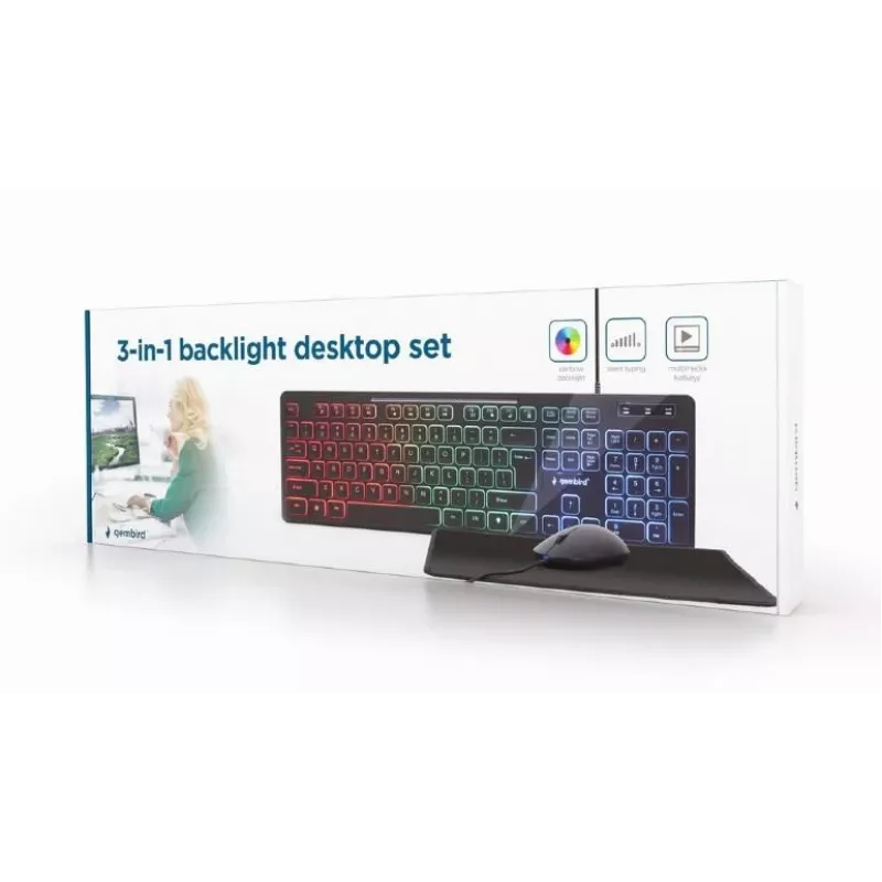 Teclado de tamaño completo con cable con ratón Gembird KBS-UML-01 — USB, QWERTY US, 104 teclas, negro