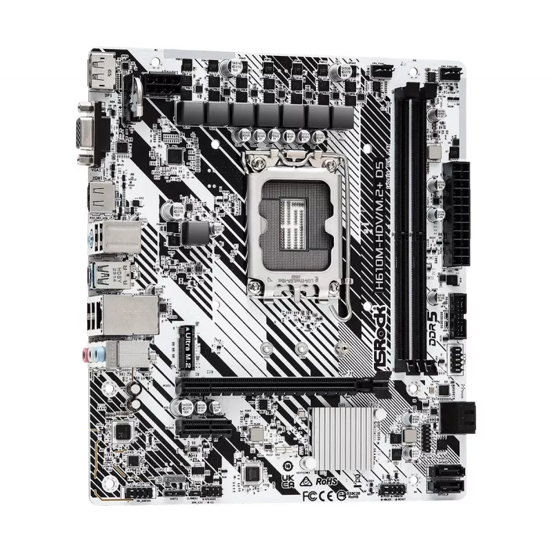 ASRock H610M-HDV/M.2+ D5 placa base, Intel H610, LGA 1700, Micro-ATX, 2x DDR5 DIMM (máx. 96 GB), PCIe 4.0 x16, 1x M.2, 4x SATA III, HDMI, DisplayPort, VGA, USB-C 3.2 Gen 1, Gigabit LAN