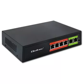 Switch Ethernet PoE QOLTEC 52289 — 4x puertos RJ45 PoE, 2x RJ45 uplink, presupuesto PoE 65W