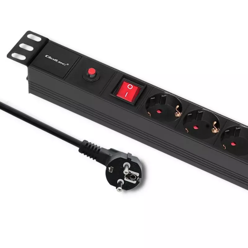 Qoltec 53993 PDU para rack de 19 pulgadas 1U con protección contra sobretensiones, 6x Schuko, 16 A, 2 m, negro