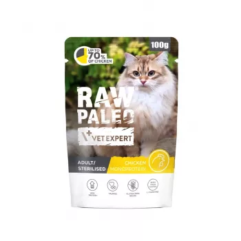 Comida húmeda para gatos VETEXPERT Raw Paleo Adult/Sterilised Chicken 100 g – alimento húmedo completo para gatos adultos y esterilizados