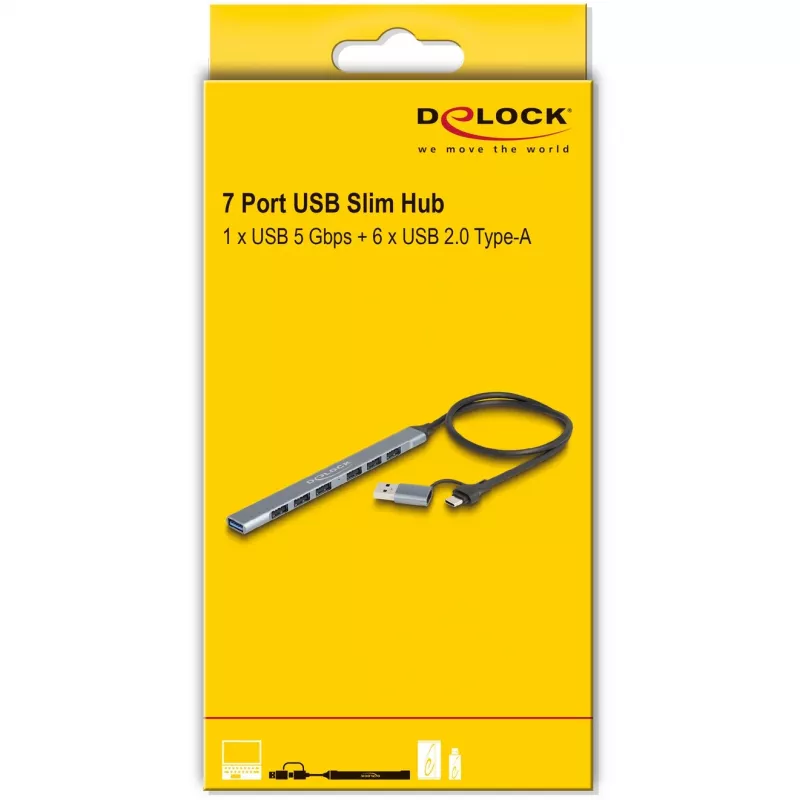 Delock 64273 hub USB delgado de 7 puertos, USB Type-C o Type-A a 1x USB 5 Gbps Type-A + 6x USB 2.0 Type-A