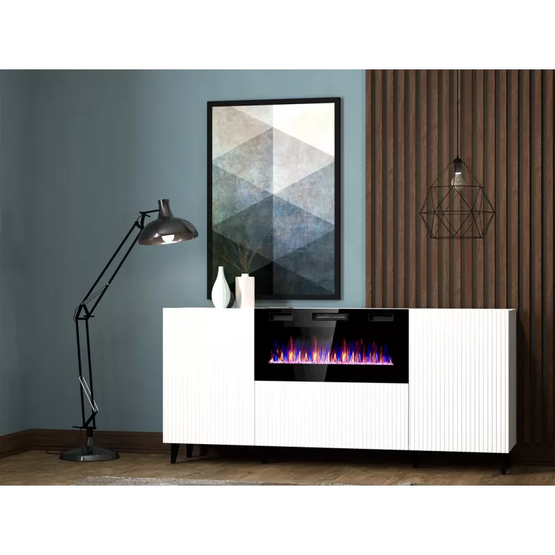 Cómoda con chimenea eléctrica Cama Meble PAFOS, 180 x 42 x 82 cm, blanco mate, 1400–1600 W, sin tiradores, 3 puertas, 2 estantes