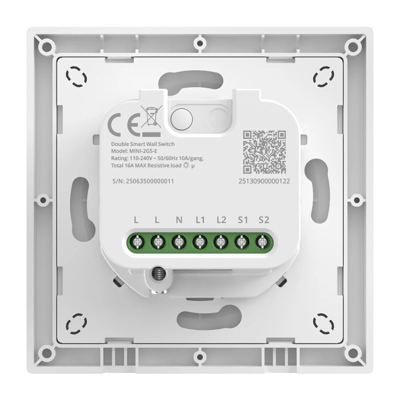 Interruptor inteligente de pared de dos canales Sonoff MINI-2GS-E — relé empotrable compacto para dos circuitos, compatible con Matter
