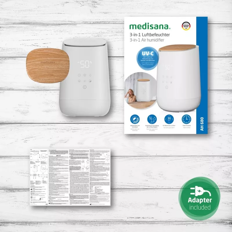 Humidificador Medisana AH 680 ultrasónico 2,6 L, blanco, madera, 24 W