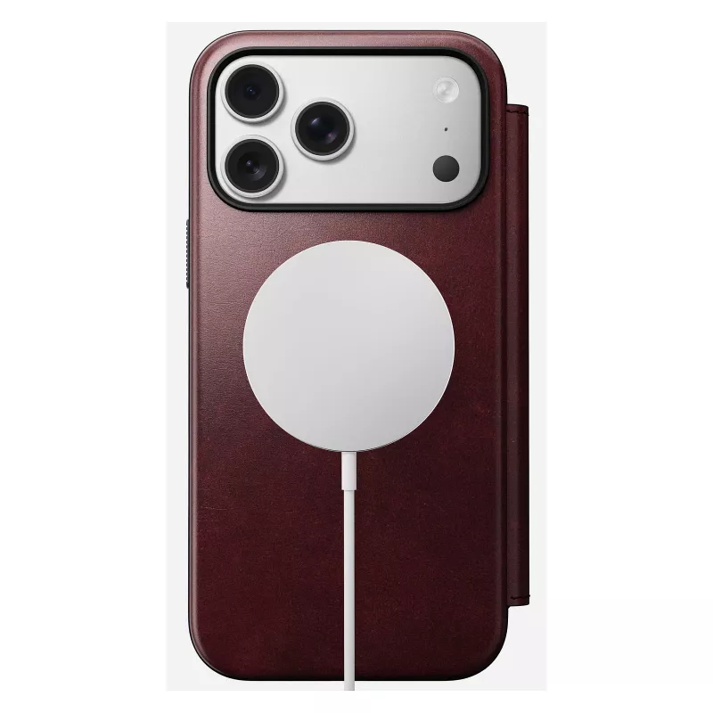 Funda para móvil Nomad Modern Leather Folio para iPhone 17 Pro Max — cuero, TPU, PC, aluminio, burdeos, 16 cm (6,3