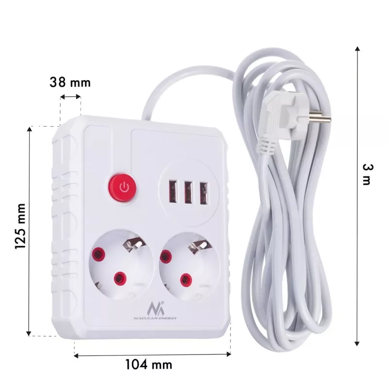 Regleta de enchufes MACLEAN MCE388 W – 2 enchufes, 3×USB, 110–240V, 2500W, cable de 3 m, blanca