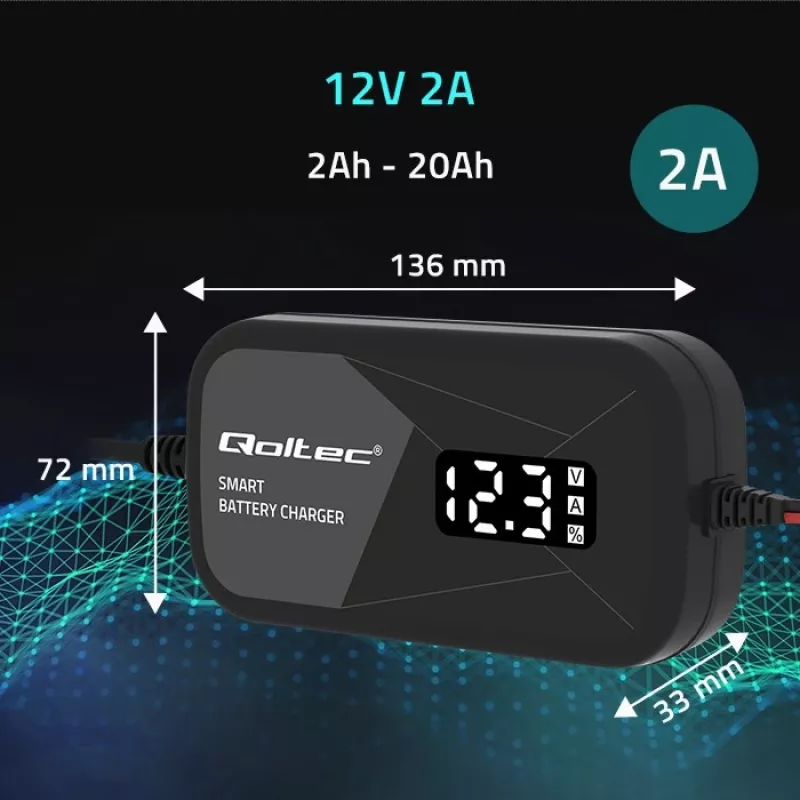 Cargador de baterías QOLTEC 52492 12V 2A con control por microprocesador y regeneración de celdas