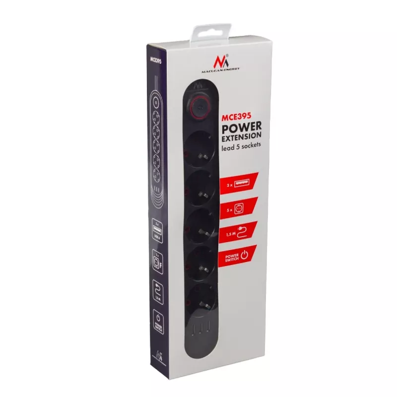 Regleta de enchufes MACLEAN MCE395 B — 5 enchufes, 3×USB, 110–240V AC, 2,1A USB, 2500W, cable de 1,5 m, negra