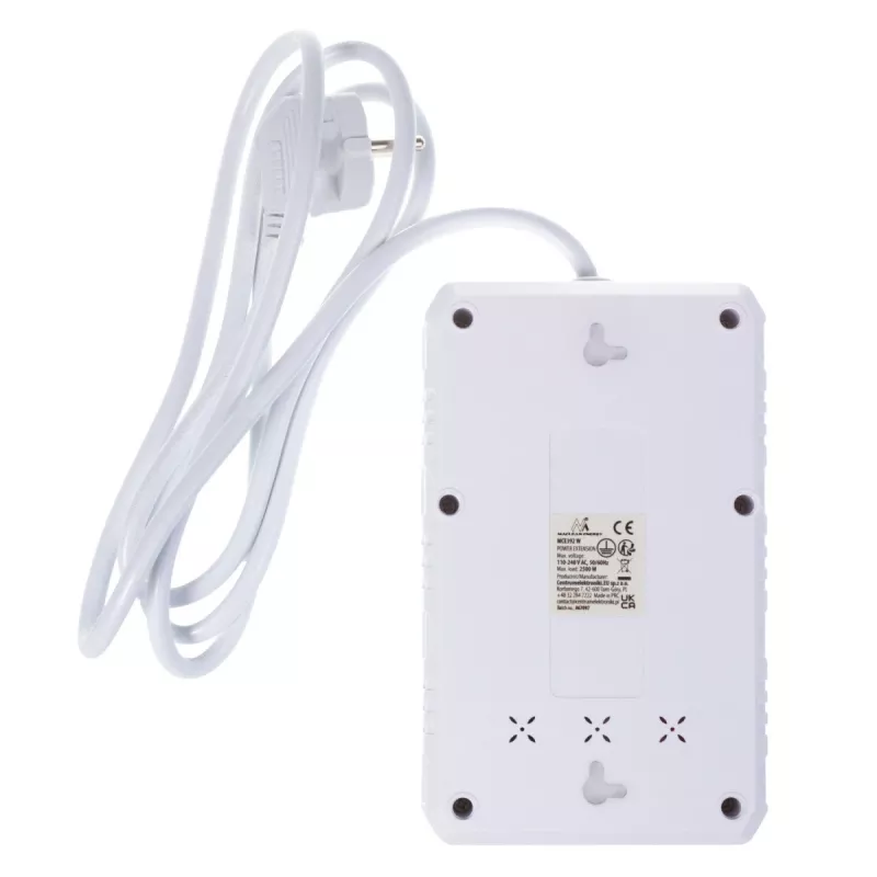 Regleta MACLEAN MCE392 W — 4 tomas de corriente F, 3×USB A, 110–240 V, 2,1 A máx., 2500 W, cable de 1,5 m, blanca