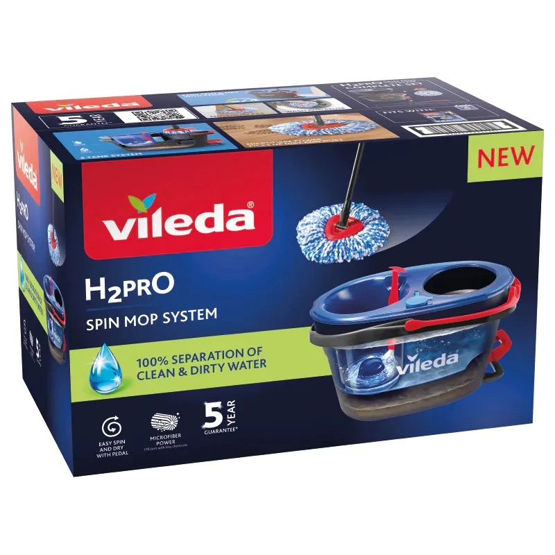 Vileda H2PrO Spin Mop set, fregona rotativa con sistema de dos depósitos y mango telescópico, microfibra, negro/rojo/azul