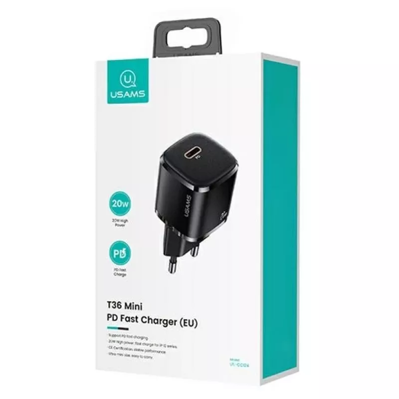Cargador usams 1x USB-C T36 + Lightning PD – cargador PD compacto con USB-C y Lightning