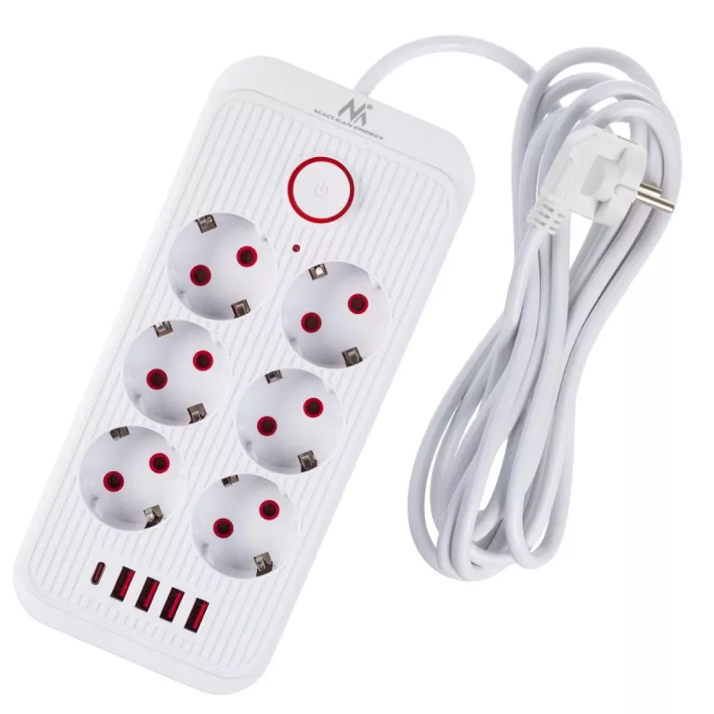Regleta de enchufes MACLEAN MCE391 W — 6 tomas, 4×USB-A + 1×USB-C, cable de 3 m, 110–240 V, 2500 W, blanca