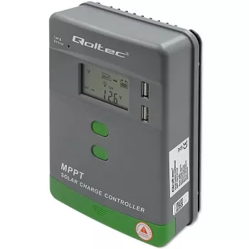 Qoltec, Regulador de carga solar MPPT con sensor de temperatura 20A 12V/24V Pantalla LCD 2 X USB
