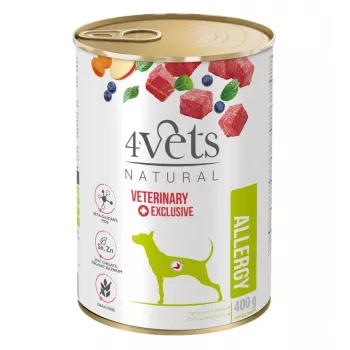 Comida húmeda para perros 4vets Natural Allergy Lamb 400 g — paté hipoalergénico para perros adultos, sin gluten ni lactosa