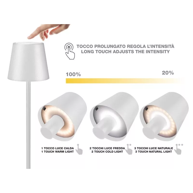 Beper P201UTP119 lámpara de mesa LED recargable, 1,5 W, interruptor táctil, regulable, adaptador para botella de 33 mm, resistente al agua, plateada