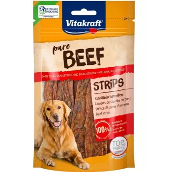 Snack para perros Vitakraft Pure Beef Strips 80 g – ternera como único ingrediente, sin cereales, sin gluten, apto para todas las razas