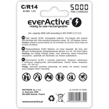 Pila cilíndrica recargable NiMH everActive EVHRL14-5000, 1,2 V, 2 uds., 51,5 mm de altura