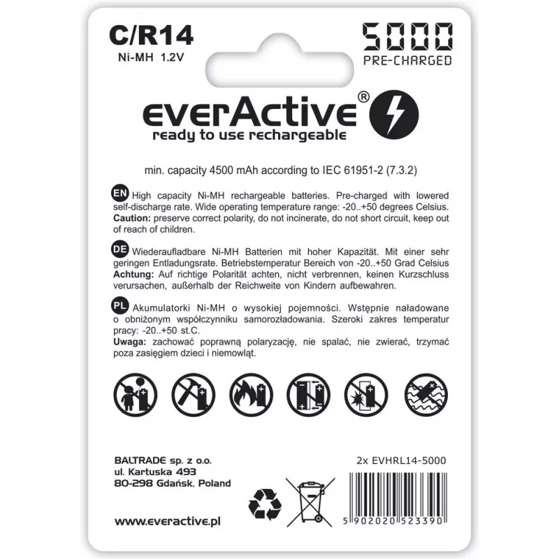 Pila cilíndrica recargable NiMH everActive EVHRL14-5000, 1,2 V, 2 uds., 51,5 mm de altura