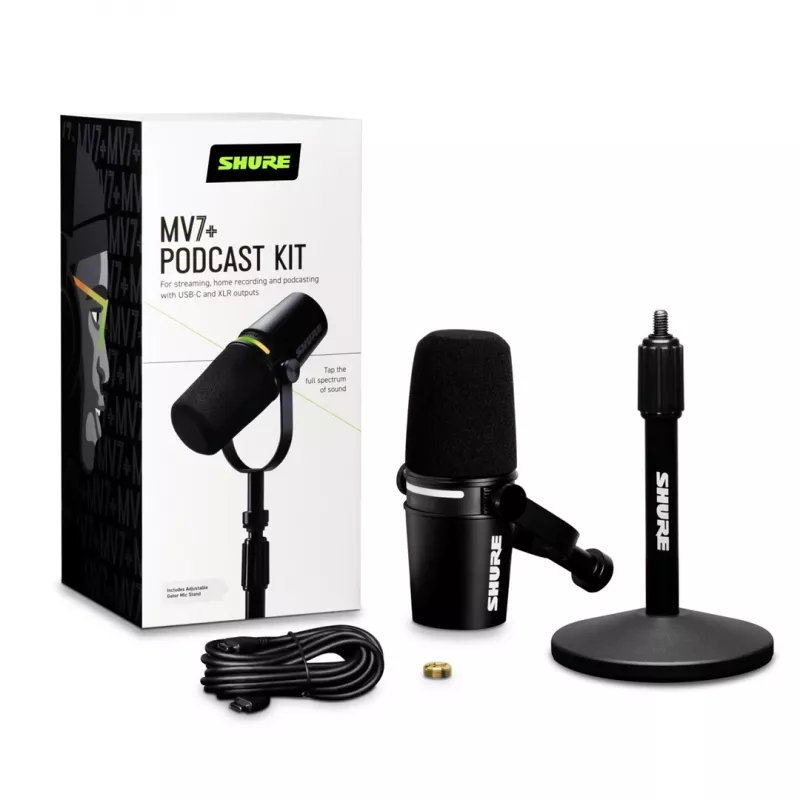 Shure MV7+-K-BNDL - micrófono para locución/canto con conexión XLR/USB-C, negro + soporte de mesa GATOR