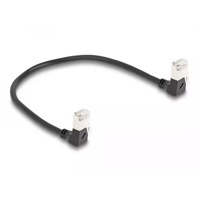 Cable de red DeLOCK RJ45 Cat.6A S/FTP fino acodado 90° hacia abajo 0,25 m negro