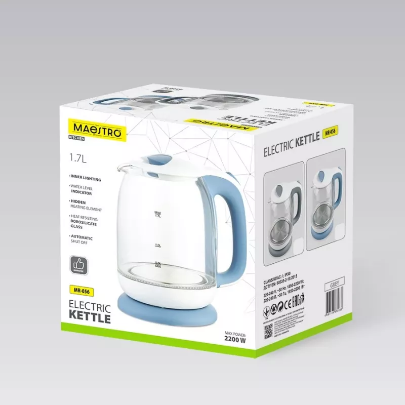 Hervidor de agua eléctrico de cristal Maestro MR-056-Gris 1,7 L 2200 W