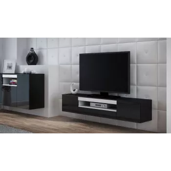 Soporte de TV cama meble VIVA 180 — 1800×400×370 mm, superficie superior negra (tablero de partículas), marco negro, detalles blancos