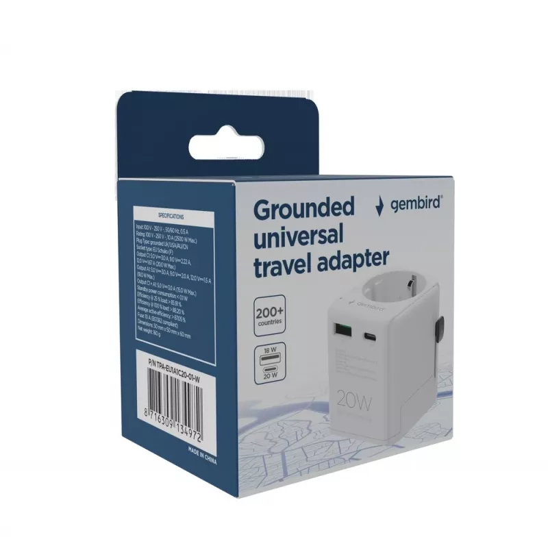 Fuente de alimentación de viaje GEMBIRD TPA-EU1A1C20-01-W 20W, USB-A 18W + USB-C 20W, toma Schuko, entrada 100–250 V