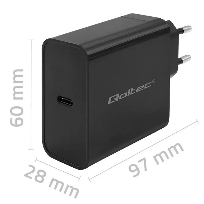 Cargador QOLTEC Super Quick PD 65W USB‑C Power Delivery 5–20V, 1x USB‑C, USB PD 3.0, conector macho Type-C, 65 W