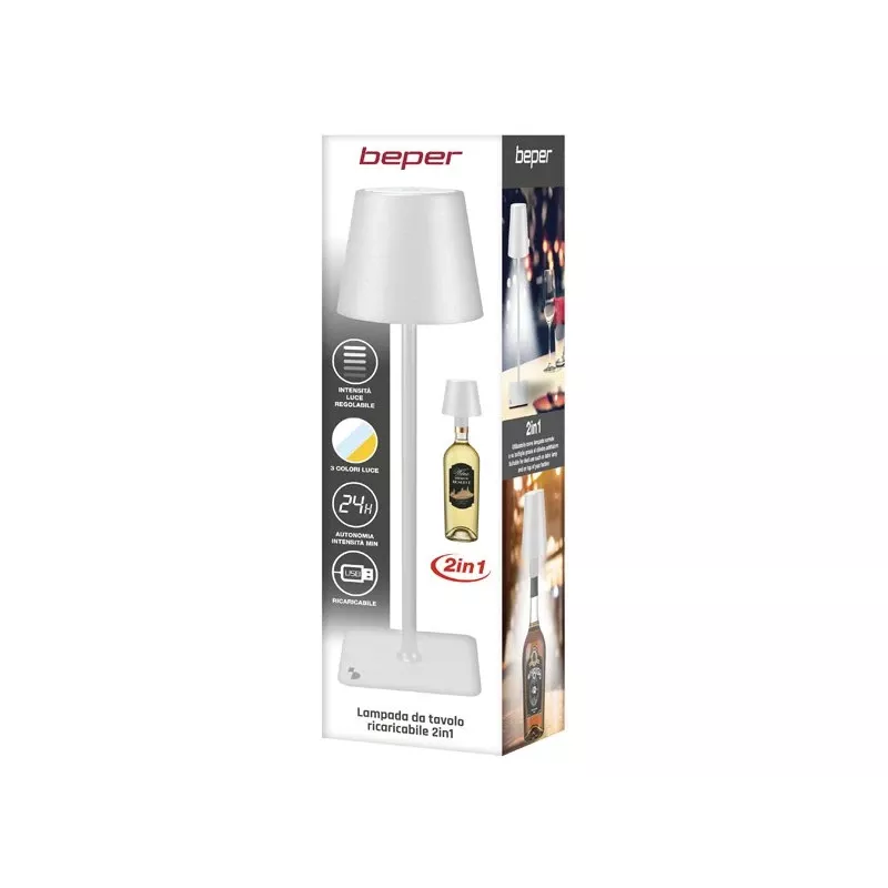Beper P201UTP119 lámpara de mesa LED recargable, 1,5 W, interruptor táctil, regulable, adaptador para botella de 33 mm, resistente al agua, plateada