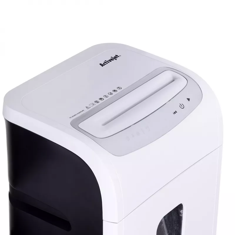 Destructora de papel ActiveJet ASH-1602M, P-5, 28 l, corte 2x14 mm, blanca