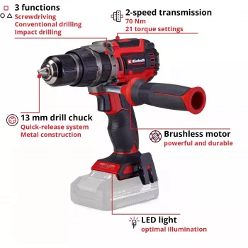 Taladro percutor atornillador a batería EINHELL TP-CD 18/70 (modelo 4514315) — solo carcasa, sin batería ni cargador