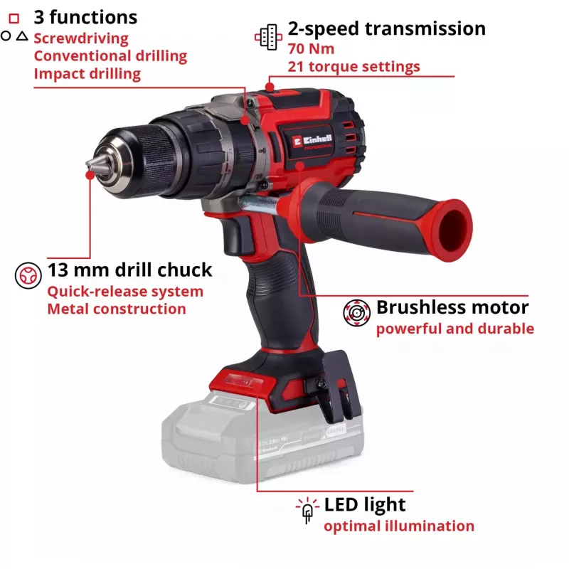 Taladro percutor atornillador a batería EINHELL TP-CD 18/70 (modelo 4514315) — solo carcasa, sin batería ni cargador