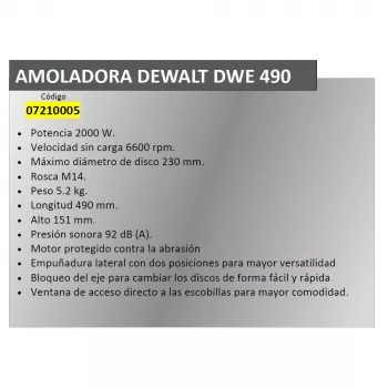 Amoladora angular DeWALT DWR490 — 2200 W, disco de 230 mm, 6600 RPM, 5,2 kg