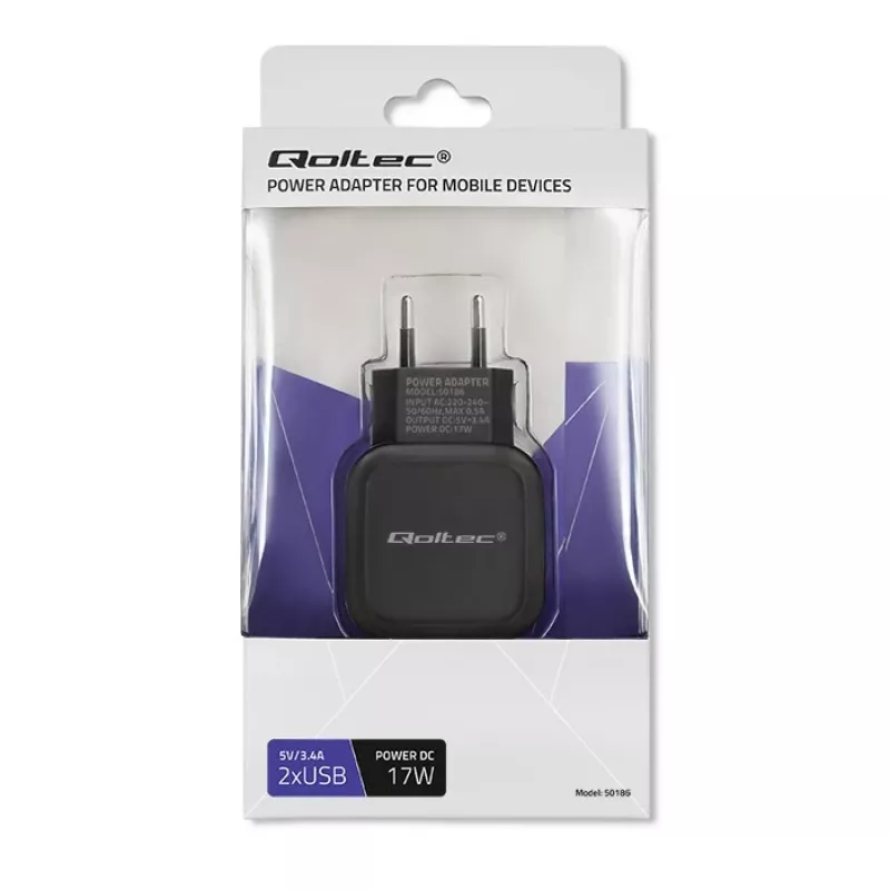Cargador de interior AC QOLTEC 50186 para smartphone y tablet, 5 V 3.4 A, 17 W, 2× USB, negro