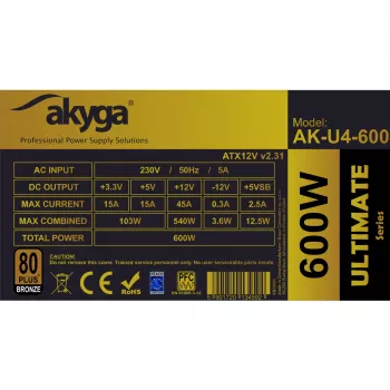 Fuente de alimentación ATX Akyga Ultimate AK-U4-600 600 W, 80 PLUS Bronze, PFC activo, ventilador de 120 mm