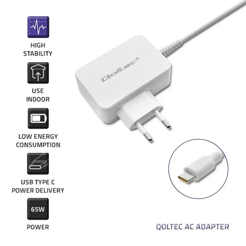 Qoltec 51039 adaptador de corriente 65 W USB-C PD, 5–20,3 V, 2–3,25 A, cable USB-C integrado, blanco