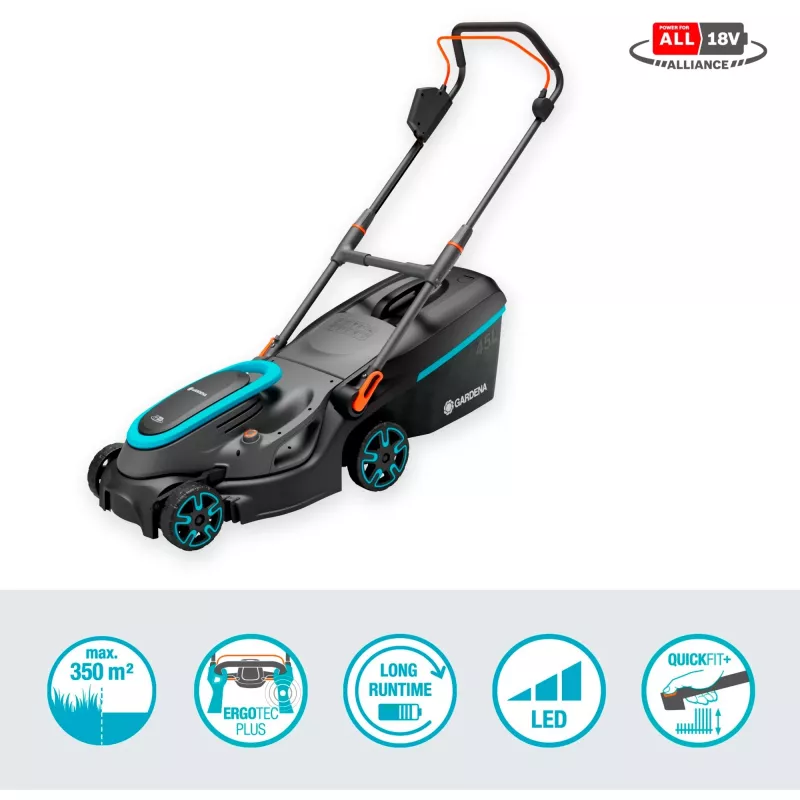Cortacésped a batería Gardena PowerMax 37/36V P4A, set listo para usar, ancho de corte 37 cm, 36 V (2x 18 V), 2 baterías Li-Ion de 4,0 Ah (POWER FOR ALL ALLIANCE), cargador, negro/gris